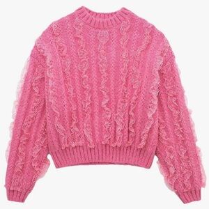 Zara Vibrant Pink Textured Crew Neck Sweater